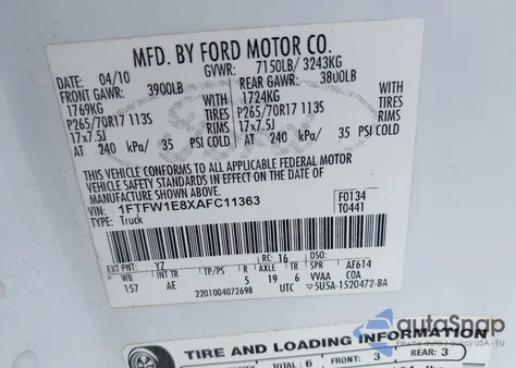 2010 Ford F-150 Xl from USA, damaged, VIN 1FTFW1E8XAFC11363